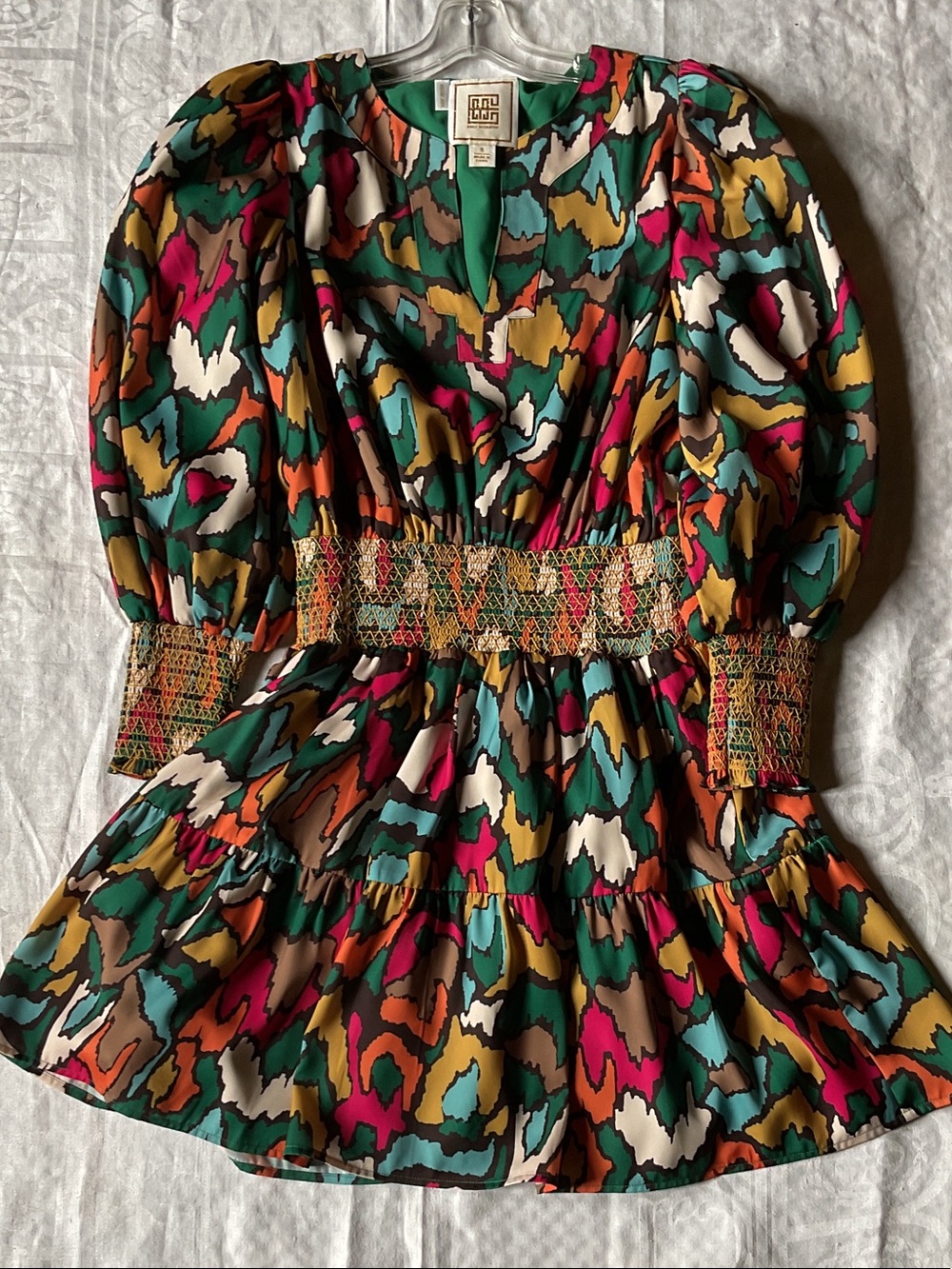 Smocked-Waist Abstract Print Dress in Multi
